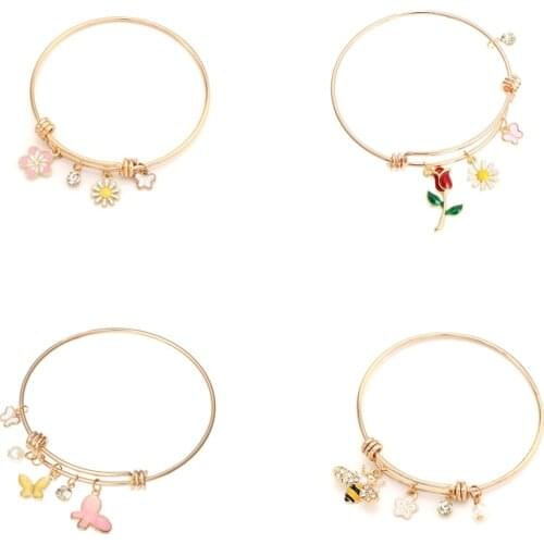 Butterfly Bee Flower Charm Bracelets & Bangles For Women Cute Crystal Pearl Pendant Expandable Wire Bracelet For Women Kids Gift