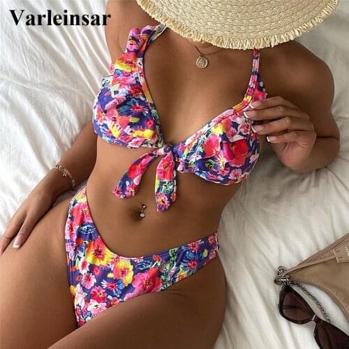 Knotted Flower Printed Halter Ruffled Bikini Female Swimsuit Women Swimwear Two-pieces Bikini set Bather Bathing Suit Swim V3159