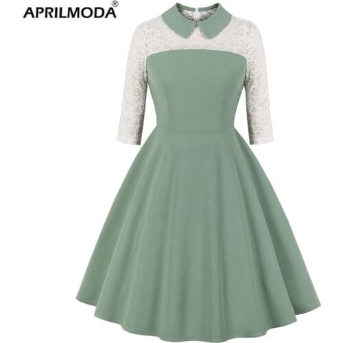 2021 Patchwork Lace Women Casual Beach Party Dress Turn Down Collar Solid White Green Swing Rockanilly Dresses 20s 40s 60s 50s
