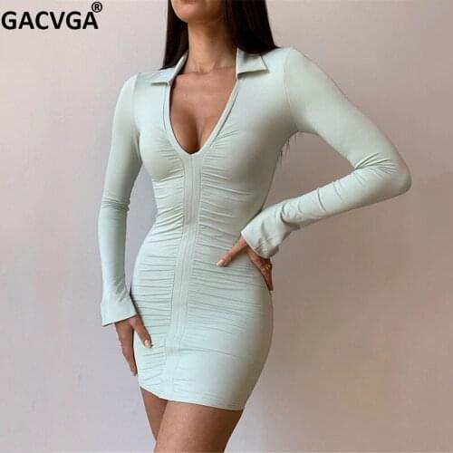 GACVGA Pleated Long Sleeve Summer Autumn Shirt Dress Lady Slim Sexy Mini Bodycon Dress Party Dresses For Women 2021 Traf Y2K