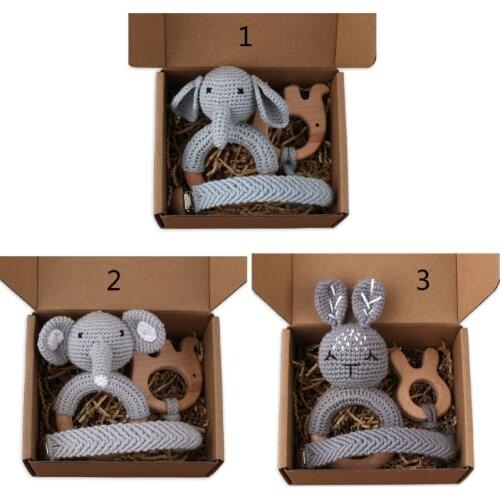 3pcs Baby Teether Safe Wood Toys Mobile Pram Crib Ring Crochet Rattle Soother Teether Set Pacifier Chain Baby Stuff
