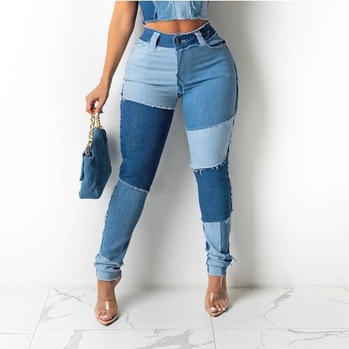 Color Block Patchwork Streetwear Pencil Pant for Women Fashion High Waist Fur-lined Denim Trouser Spring Autumn Slim Fit Jeans