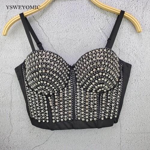 3 colors Hot Chain Drilling Womens New Fashion Sexy Push Up Night Club Bralette Metal Outer Wear Bustier Crop Tops D-012