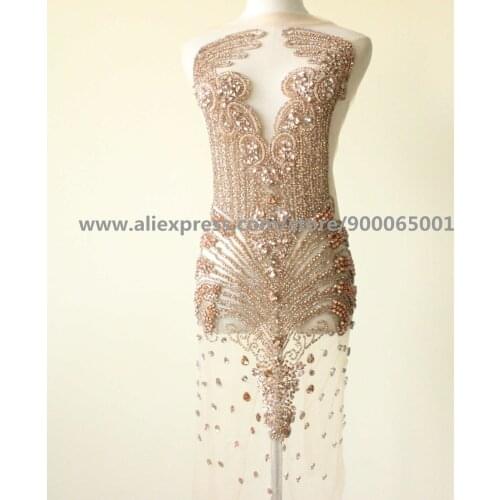 Designer Full Bodice Rhinestone Rose Gold Bridal Applique Prom dress Applique