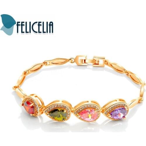 Felicelia Romantic Multicolor Waterdrop Crystal Cubic Zirconia Bracelet For Women Girl Gold Color Chain Bracelet Fashion Jewelry