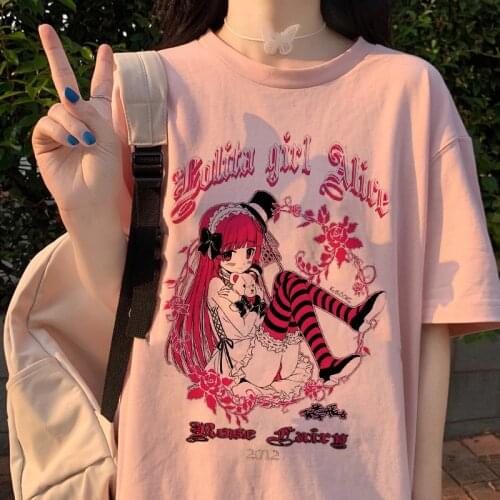 Kawaii Girl Print T-shirt Women Casual Short-Sleeve Tees Summer Goth T-shirt Streetwear Harajuku Anime T-shirt Aesthetic Clothes
