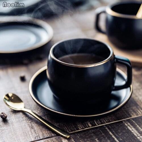 NOOLIM Ceramic Coffee Cup and Saucer Black Pigmented Porcelain Tea Cup Set with Stainless Steel Spoon Drinkware Set