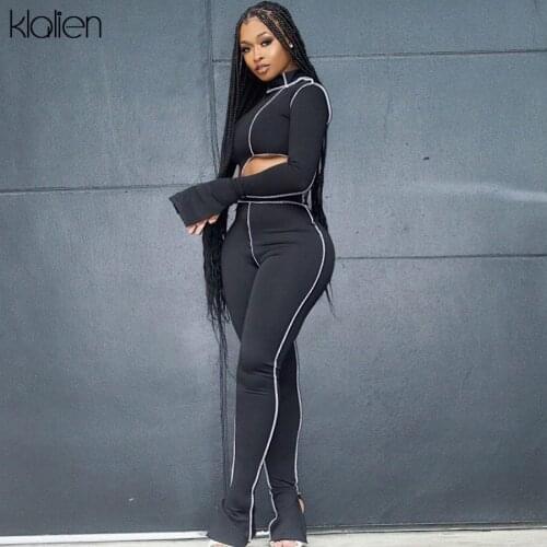 KLALIEN one sleeve t shirt and trousers 2 piece set street casual elastic fitness tracksuit women activewear two piece outfit