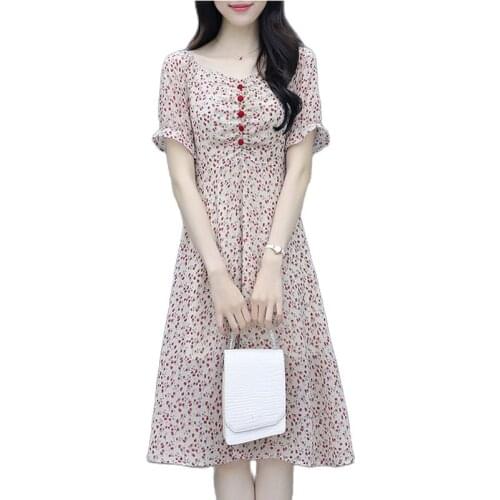 Summer New Womens Floral Dress Waist Chiffon Short-Sleeved Temperament A-Line Dresses Fashion V-Neck Pullover Dress Female 2021