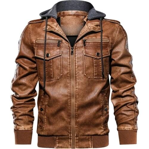 Autumn Winter Vintage Pockets Motorcycle Leather Jacket EU Size Newest Mens Leather Jackets Men Hooded Biker Coat
