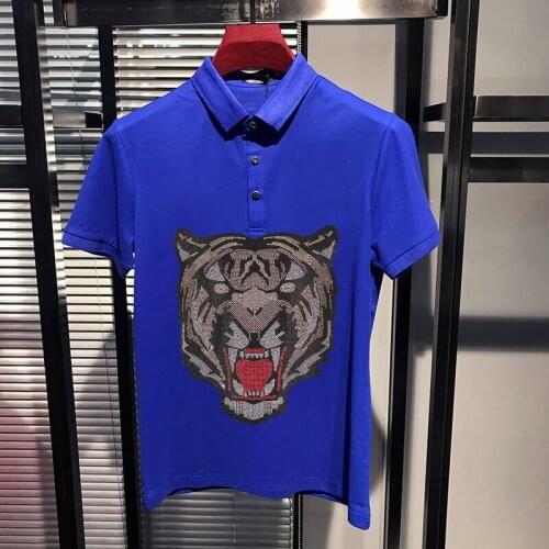 Hair Stylist Premium Fabric Party Mens Polo Shirt Carnival Tiger Head Rhinestone Short Sleeve Lapel Stage Brand Hot Clothing