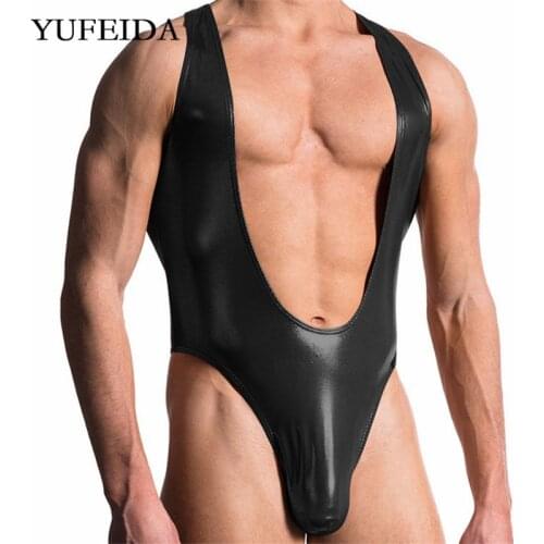 Mens Bodysuit Wrestling Singlet Gay Jumpsuits PU Leather Bodycon Leotard Fetish Undershirts Underwear T-back Thong Penis Pouch