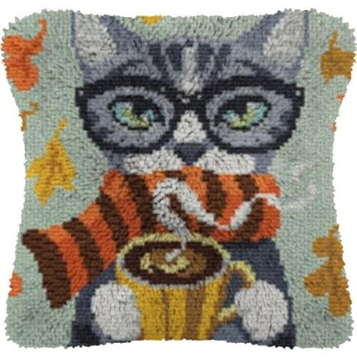 Cat Latch Hook Kit Make Cushion Canvas Crochet Pillow Case Latch Hook Cushion Cover Arts & Craft