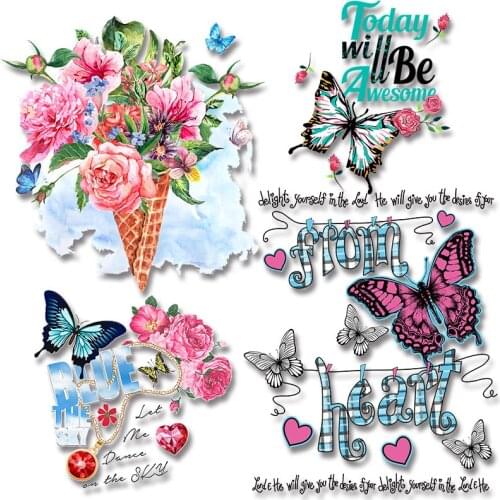 Butterfly and Flowers Patches for Clothing DIY T-shirt Stickers on fabric Iron-on Transfers Washable DIY Appliques
