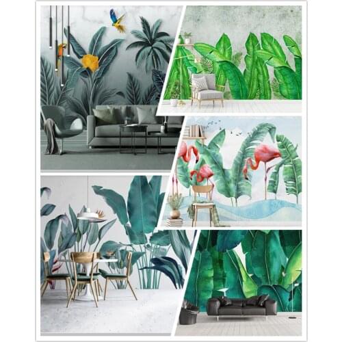 Papel de parede Nordic style tropical plants flowers and birds banana leaf 3d wallpaper mural,living room bedroom home decor