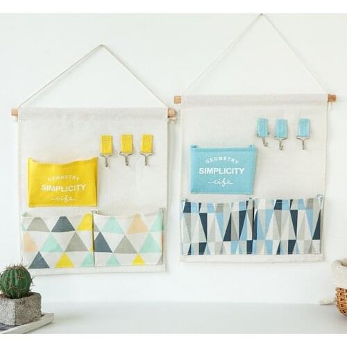 Macaron 3 Pockets Wall Hanging Storage Bags Cotton Linen Door Organizer Waterproof Pouch Bedroom Home Wall Decoration