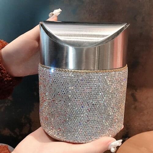 Creative Desktop Snack Trash Can Diamond Metal With Lid Swingable Household Office Bedroom Car Table Storage Sundries Bucket