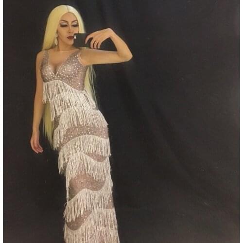 S41 Ballroom dance singer stage show wears One-piece skirt sexy tassel dresses party singer performance clothe disco outfit