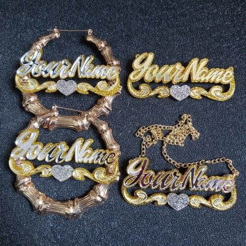 Bamboo Hoop Earrings Set Hiphop Customize Name Earrings And Necklace Bamboo Style Custom Earrings For Gifts
