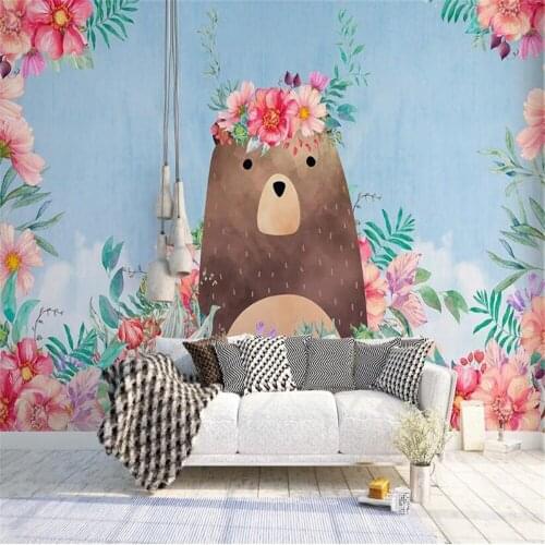 Milofi Nordic minimalist bear flower childrens room decoration background wall paper mural