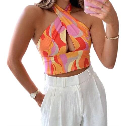 2021 Fashion Print Halter Camisole Tops Women Sleeveless Backless Lace Up Tank Top Holiday Casual Sexy Cross Hollow Crop Top