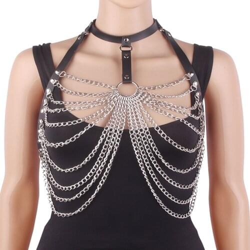 Goth PU Leather Bra Top Chest Waist Belt Emo Body Harness Chain Women Witch Gothic Punk Metal Girls Festival Jewelry Accessories