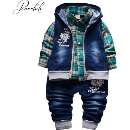 6m-5Years Spring Autumn Baby boy Denim Clothing Sets 3pcs Long Sleeve Shirts Tops Denim Vest and Jeans Trousers Pants