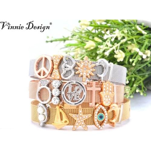 Vinnie Design Stainless Steel Mesh Bracelet Sets with Keeper Slide Charms Keys Fashion Women Jewelry