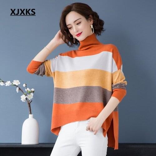XJXKS Warm Stripe Sweater Women Casual Sweaters Autumn Fashion Turtleneck Knitwear Plus Size Loose Pullovers Jumper Pull Femme