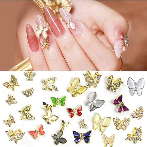 10pcs 3D Mix Butterfly Nail Charms, Butterfly Rhinestones For Nails Decor 3D Butterfly Metal Gold Nail Art Crystal Nail Stud,677