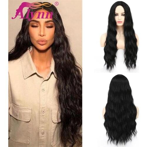 Alynn Long Natural Wave Wig Synthetic Black Hair Wigs Middle Part Cosplay Wigs For Women Daily Party Use Heat Resistant Fiber