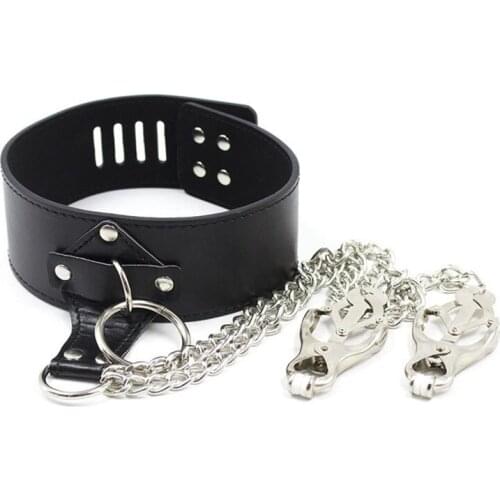 Neck Bondage BDSM Leather Slave Collar With Metal Chain Nipple Clamps Adult Games Restraints Women Erotic Sex Toys For Couples