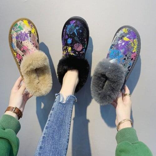 New Women Snow Boots Fashion Sequined Winter Women Flat Boots Wild Winter Plus Velvet Thick Cotton Shoes