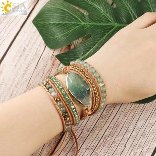 CSJA Natural Stone Bracelets Green Fluorite Crystal Aventurine Bead Leather Wrap Bracelet Multilayer Boho Jewelry Pulseira G118