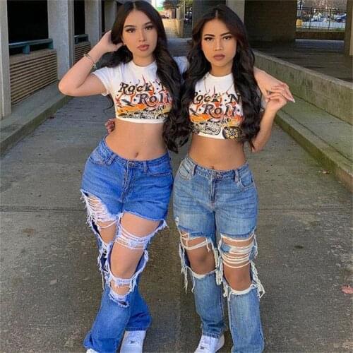 Boyfriend Jeans Fashion Loose Ripped Hole Straight Denim Pants For Women Street Trendy Casual Trousers XS-XL 2021 Summer New