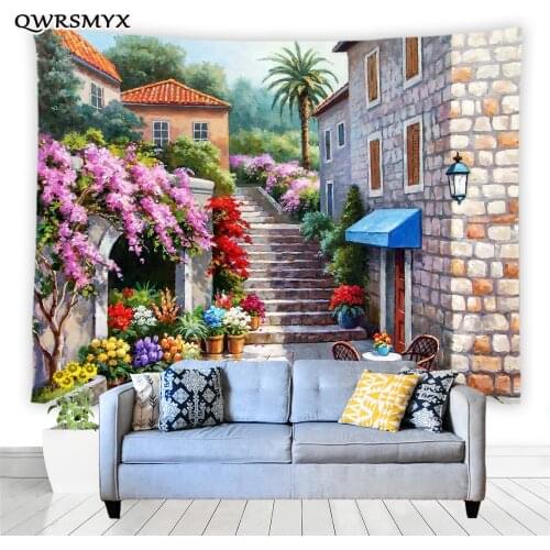 European Garden Town Painting Tapestry Wall Hanging Courtyard Balcony Bedroom Dorm Decor Tapestries Home Art Adornment Curtain