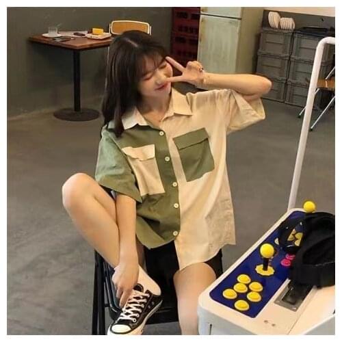 Han Edition Splicing Short-Sleeved Shirt Loose Port Flavor Render Unlined Upper Garment