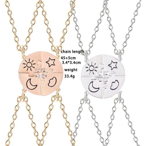 4-piece Set Fashion BFF Necklace Best Friend Friendship Jewelry Gift Sun Moon Cloud And Star Inlaid Rhinestone Stitching Pendant