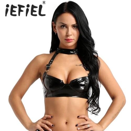 Fashion Women Lingerie Nightwear Wet Look PU Leather Halter Neck Adjustable Buckle Straps Back Zippered Wire-free No Pad Bra Top