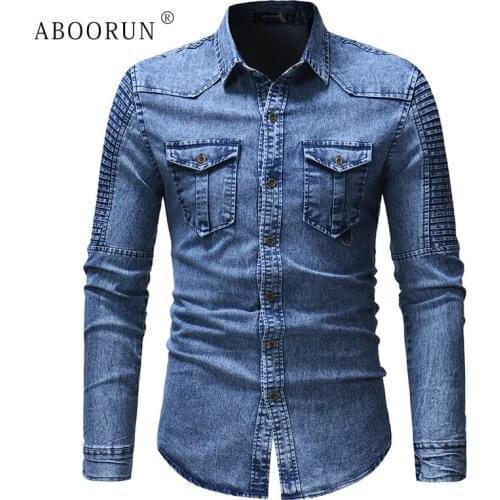 ABOORUN Fashion Denim Shirts Mens Retro Long Sleeve Pleated Jeans Shirts Front Pockets Cotton Shirts for Male x1608