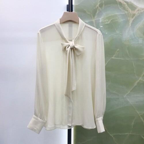 New women fashion 2021 long-sleeved sexy casual pure color silk shirt with ribbon 0317