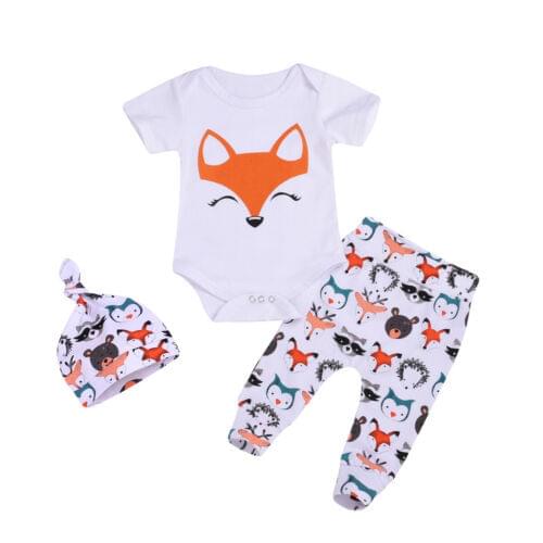 0-24M 3Pcs Baby Girl Boy Clothes Fox Print Romper Long Pants Hat Infant Kids Outfit