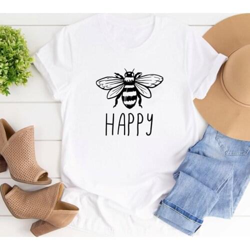 Bee Happy T-shirt Casual Summer Crewneck Inspirational Graphic Tee Shirt Top Chic Women Short Sleeve Tumblr Cotton Tshirt Outfit