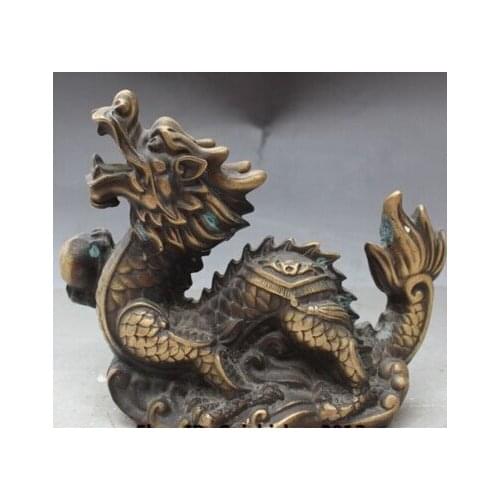 Song voge gem S0039 8" Old Chinese Bronze Fengshui Folk Zodiac Year Dragon Play Bead Ball Statue