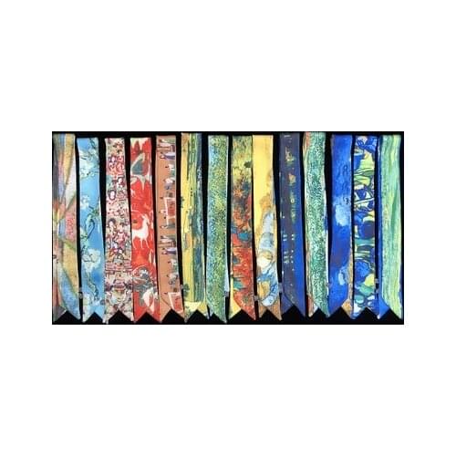 95*5cm New Style All-match Fashion Oil Painting Printing Tie Bag Small Ribbon Womens Twill Silk Scarf Hair Band