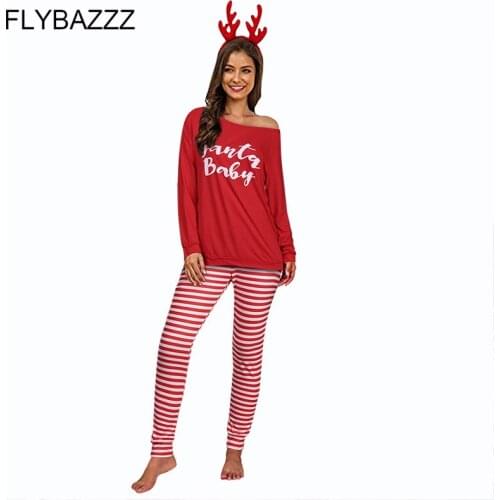 Christmas Women Two-piece Sets Letter Print Top Striped Long Pant Casual Sports Suits For Women Clothes Female Set 2pcs Homewear