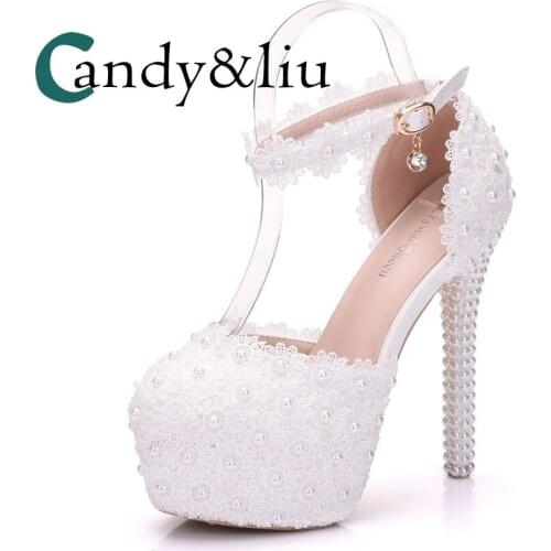 White Lace Wedding Shoes Large Size Super High Heels Bridal Sandals with Pear and Ankle Strap Pumps Round Toe Platform for Bride