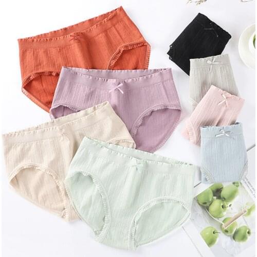 Women Cotton Panties Comfortable Underwears Bow Knot Breathable Briefs Mid-Waist Lace Side Ladies Underpants One Size Lingerie