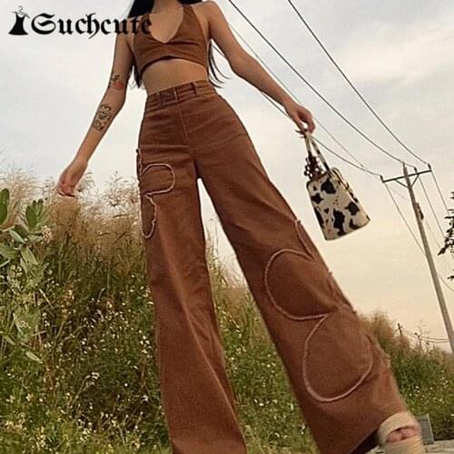SUCHCUTE y2k Aesthetics Flower Patchwork Womens Jeans Pants High Waist Brown Wide Leg Trousers 2021 Streetwear Baggy Joggers