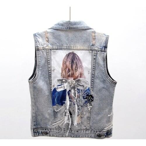 Vintage Blue Denim Vest Women Sleeveless Jacket Coat Beading Diamond Flowers Print Frayed Waistcoat Slim Short Jeans Vest Female
